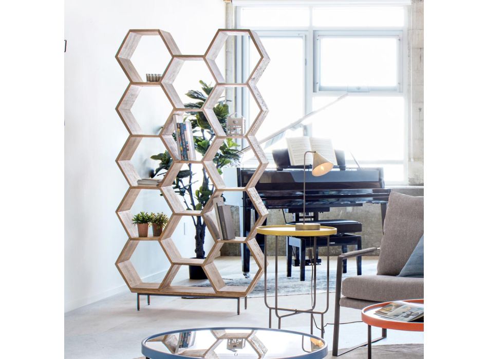 Living Room Bookcase in Mango Wood Honeycomb Design - Carida Viadurini