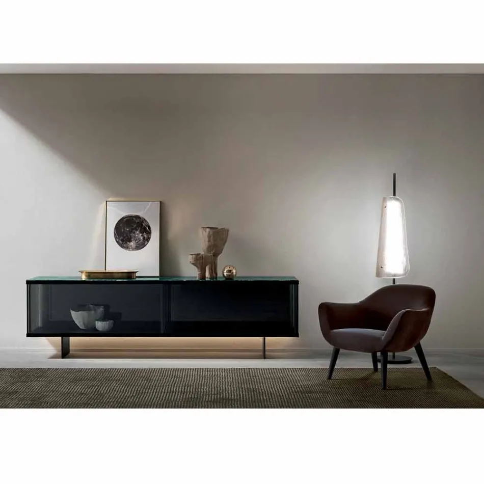Living Room Sideboard in Smoked Glass and Green or Red Marble with Led - Leonarda Viadurini