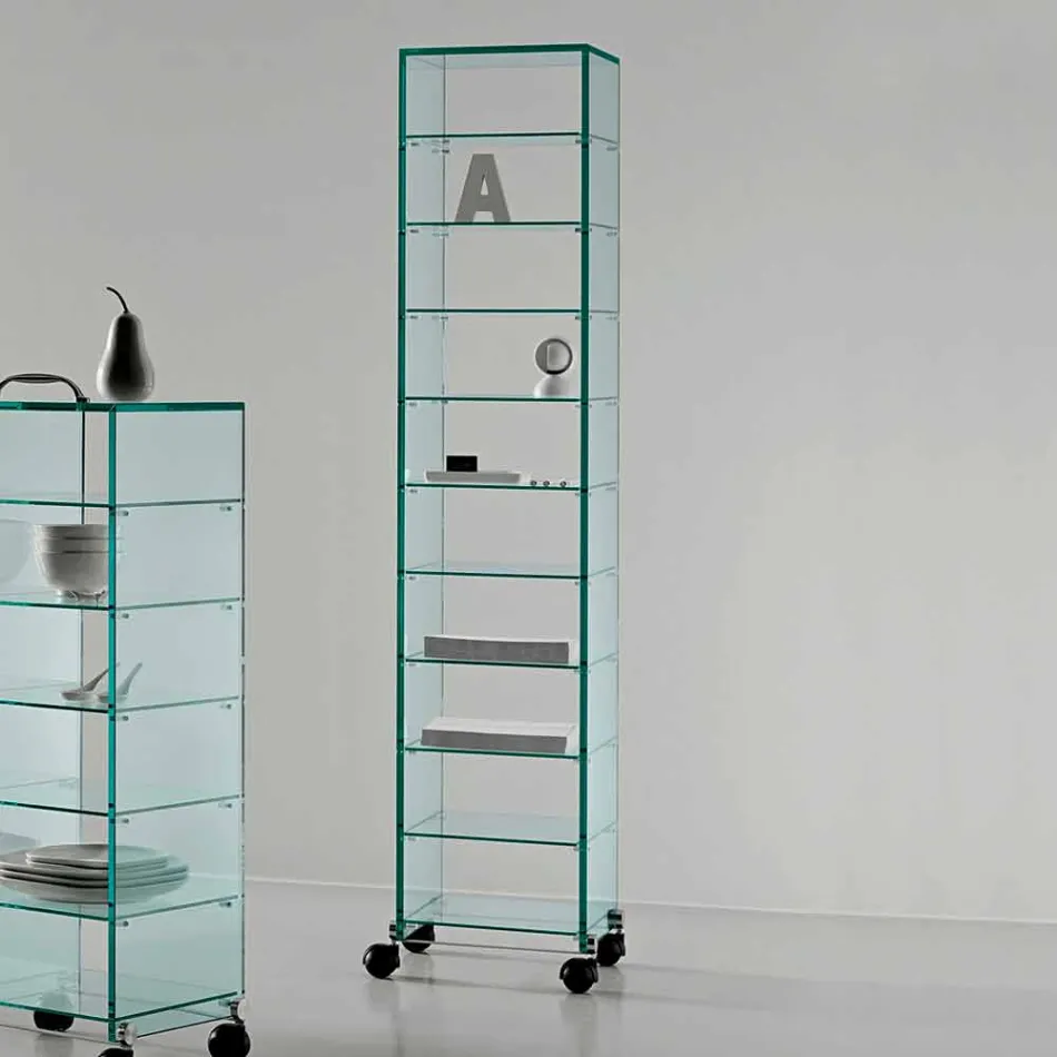 Multipurpose Cabinet with Transparent Glass Wheels with 3,6,8 or 10 Shelves - Versatilio Viadurini
