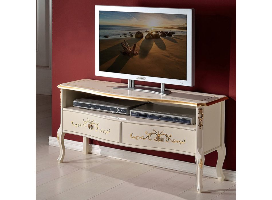 Classic TV Stand in White Wood and Walnut Made in Italy - Katerine Viadurini