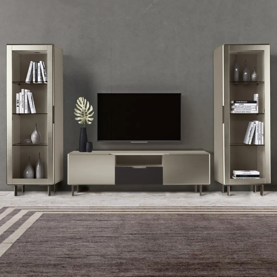 TV Cabinet with 2 Doors and 1 Drawer in Nickel and Carbon Finish - Inga Viadurini