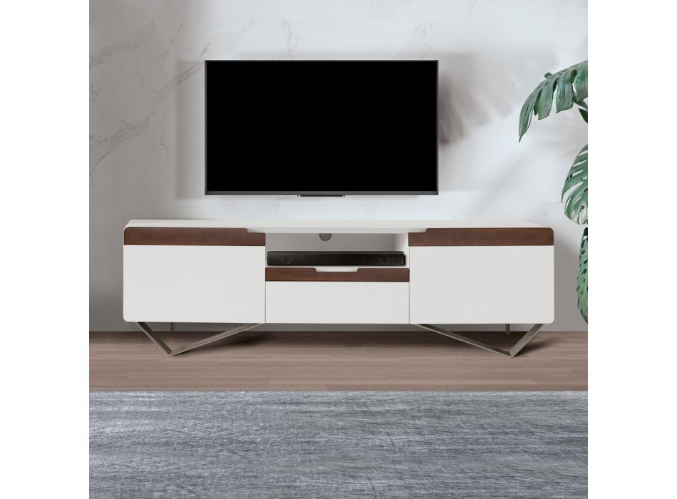TV Cabinet with 2 Doors in Canaletto and White Finish Made in Italy - Kari Viadurini