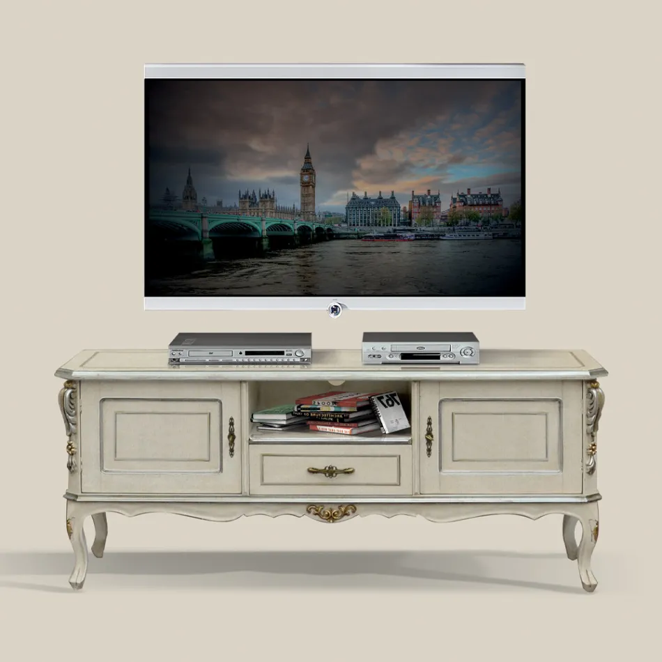 Luxury TV Cabinet in White and Silver Wood Made in Italy - Cheverny Viadurini