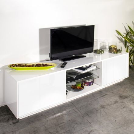 Melamine TV Stand with 2 Glass Shelves Made in Italy - Norman Viadurini