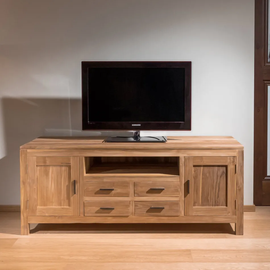 Kendo Solid Teak TV Stand with 2 Doors and 4 Drawers Viadurini