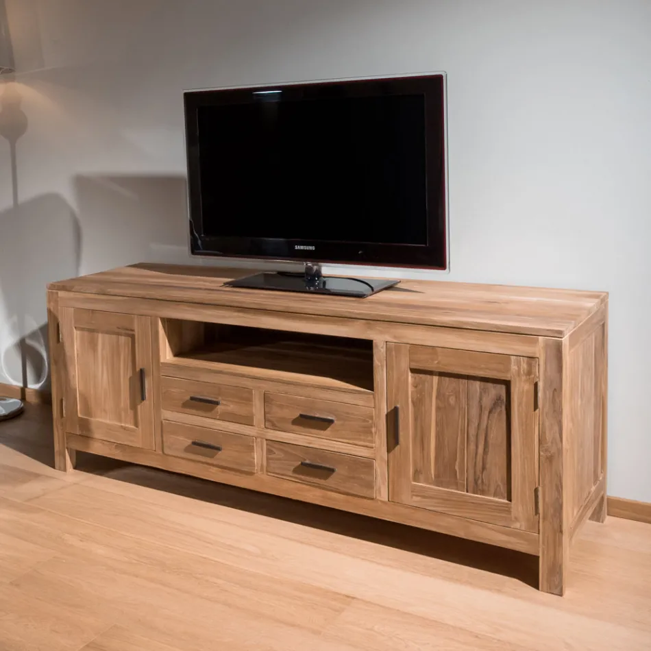 Kendo Solid Teak TV Stand with 2 Doors and 4 Drawers Viadurini