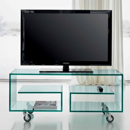 Multipurpose Living Room TV Cabinet in Transparent Glass with Wheels - Birintolo Viadurini