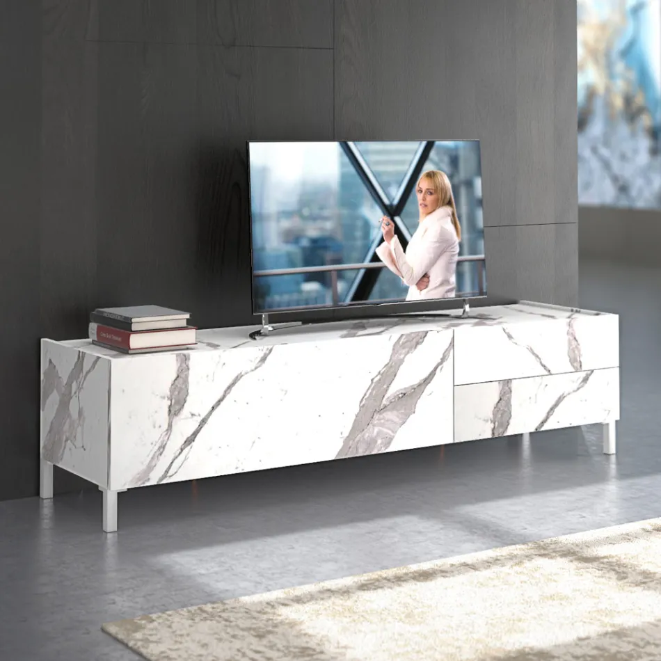 TV Stand Covered in Melamine Marble Finish Made in Italy - Zinc Viadurini