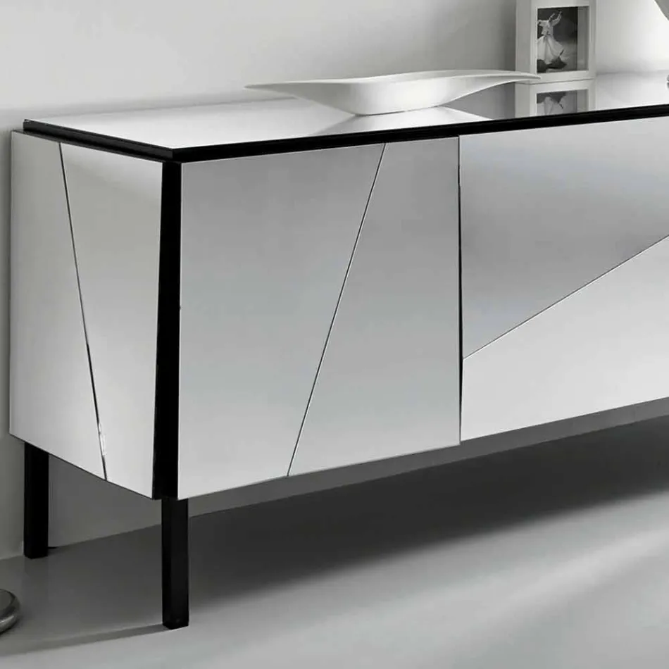 Living Room Sideboard in Matt Black Wood and Mirror Glass Top Liscio - Senese Viadurini