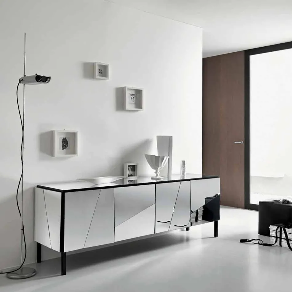 Living Room Sideboard in Matt Black Wood and Mirror Glass Top Liscio - Senese Viadurini