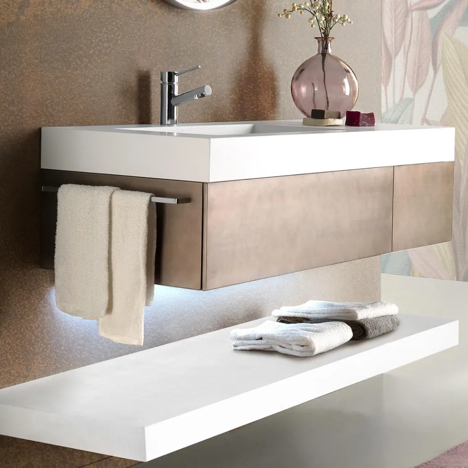 Suspended Bathroom Furniture in Metal, MDF Wood and Stonelight Made in Italy - Renga Viadurini