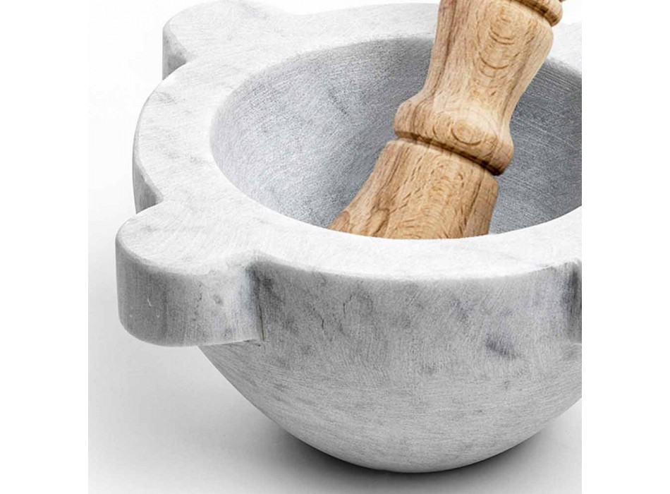 Mortar in White Carrara Marble with Wooden Pestle Made in Italy - Winda Viadurini