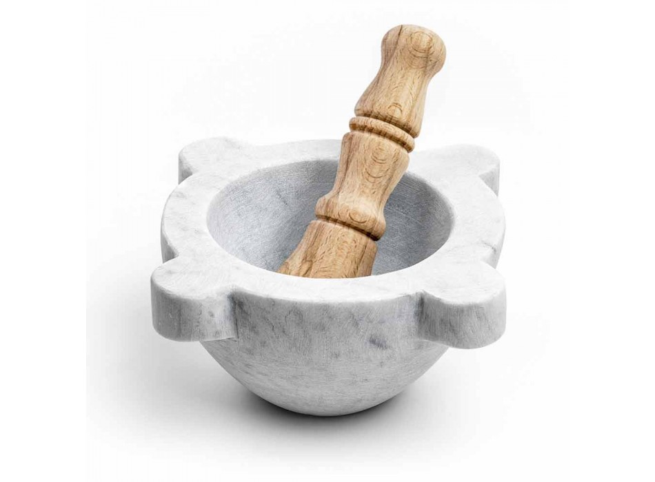 Mortar in White Carrara Marble with Wooden Pestle Made in Italy - Winda Viadurini