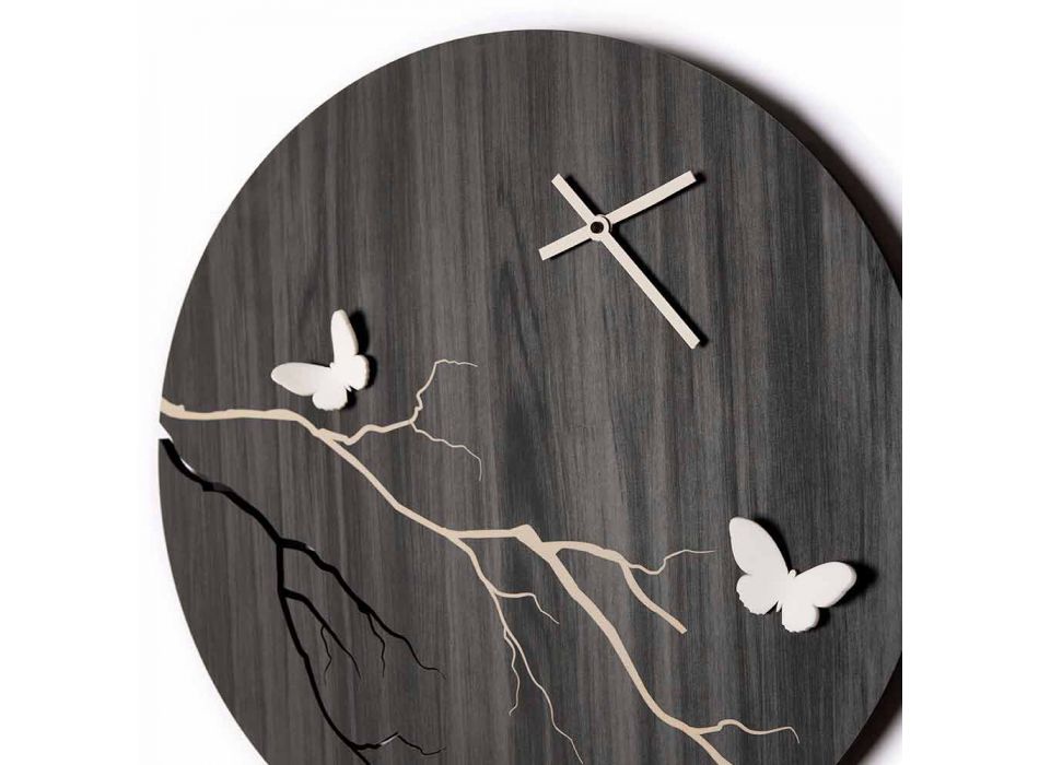 Round Design Wall Clock in Laser Engraved Wood and 3D Butterflies - Farfo Viadurini
