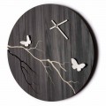 Round Design Wall Clock in Laser Engraved Wood and 3D Butterflies - Farfo