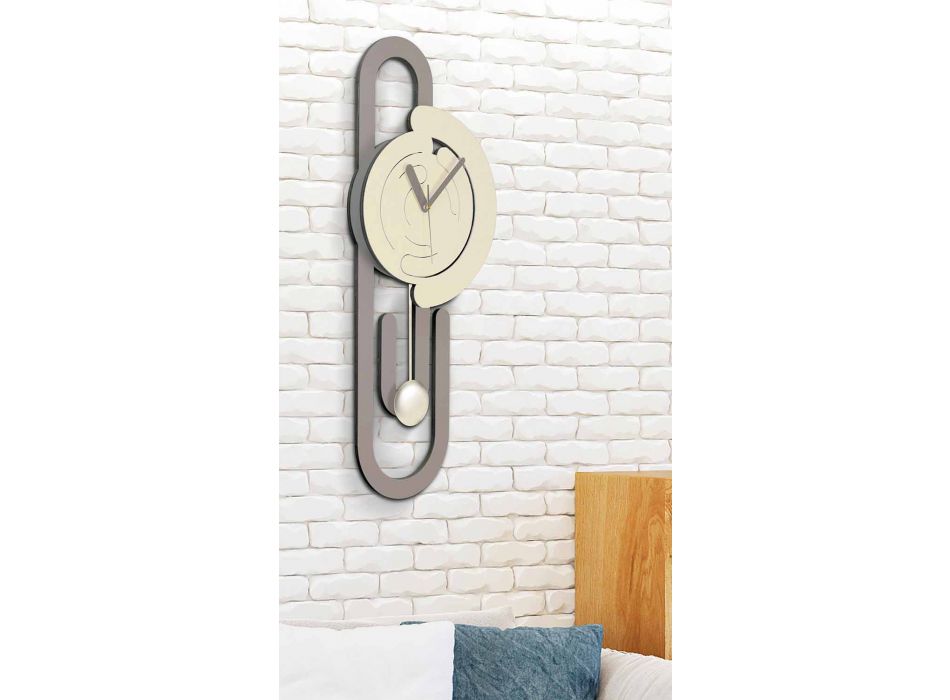 Wall Pendulum Clock Modern Design in Beige and Brown Wood - Paperclip Viadurini
