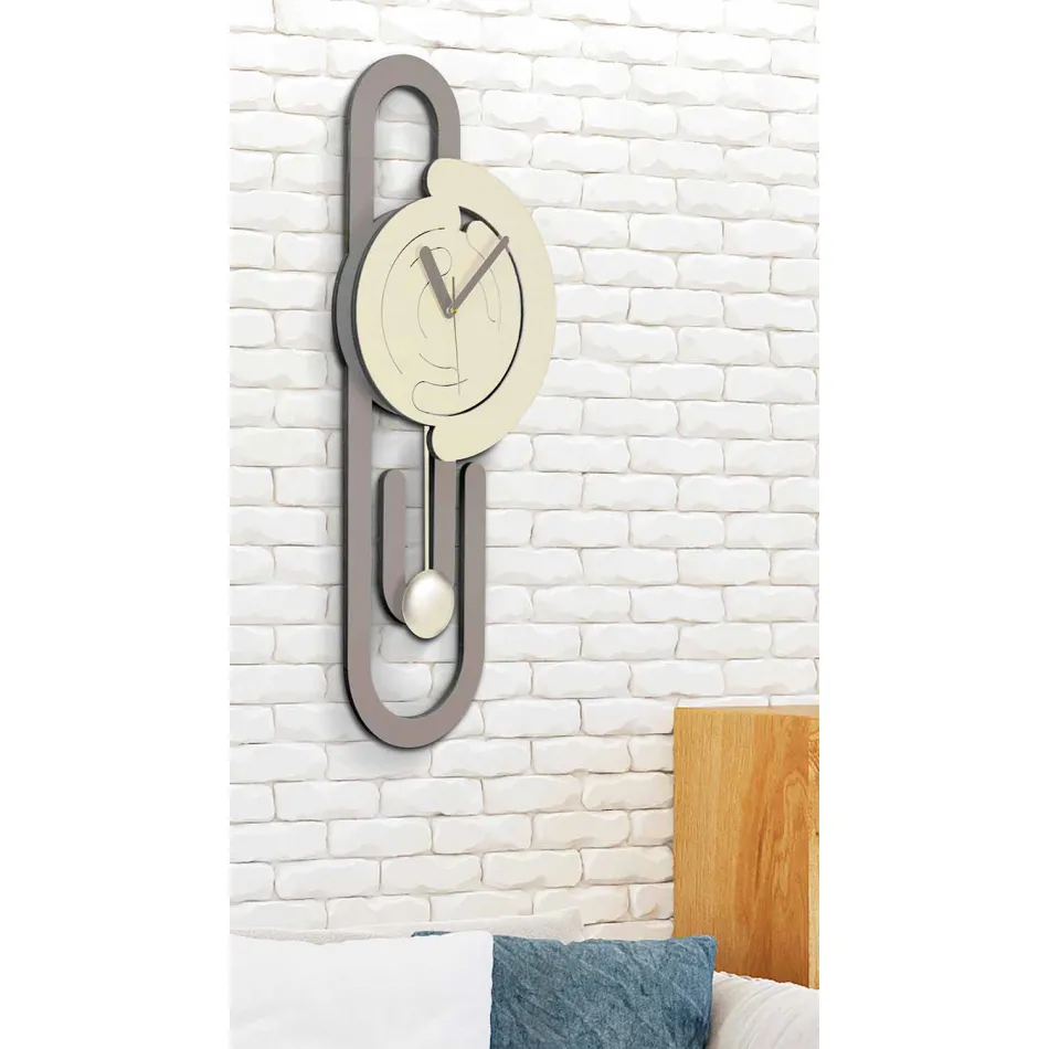 Wall Pendulum Clock Modern Design in Beige and Brown Wood - Paperclip Viadurini