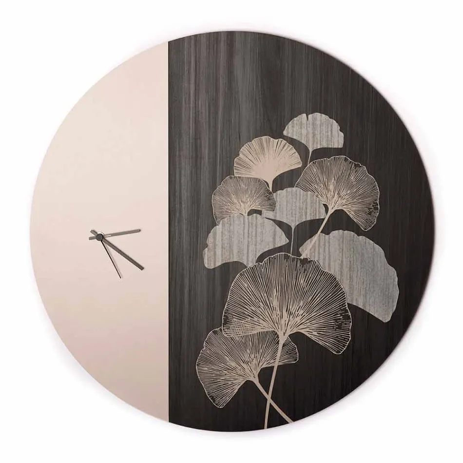 Round Design Wooden Wall Clock with Decorations, 2 Finishes - Ginkgo Viadurini