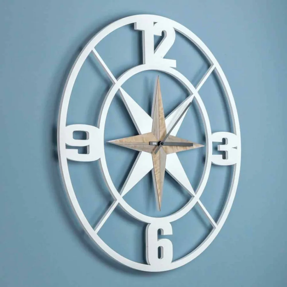 Large Design Wall Clock in White and Brown Shabby Wood - Hinge Viadurini
