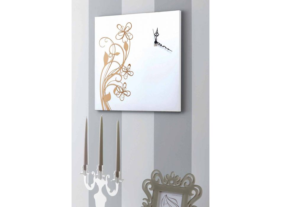 Large Square Design Wall Clock in White Wood with Flower - Florello Viadurini