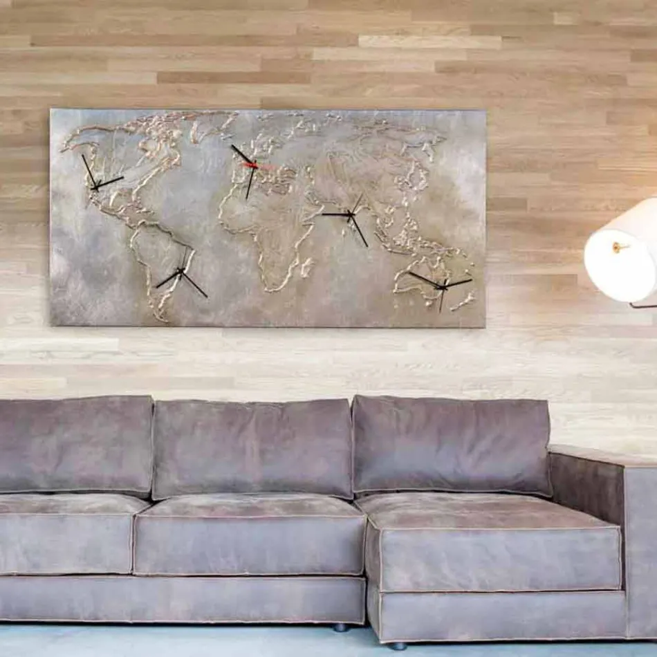 Modern clock with five quadrants depicting the world Miles Viadurini