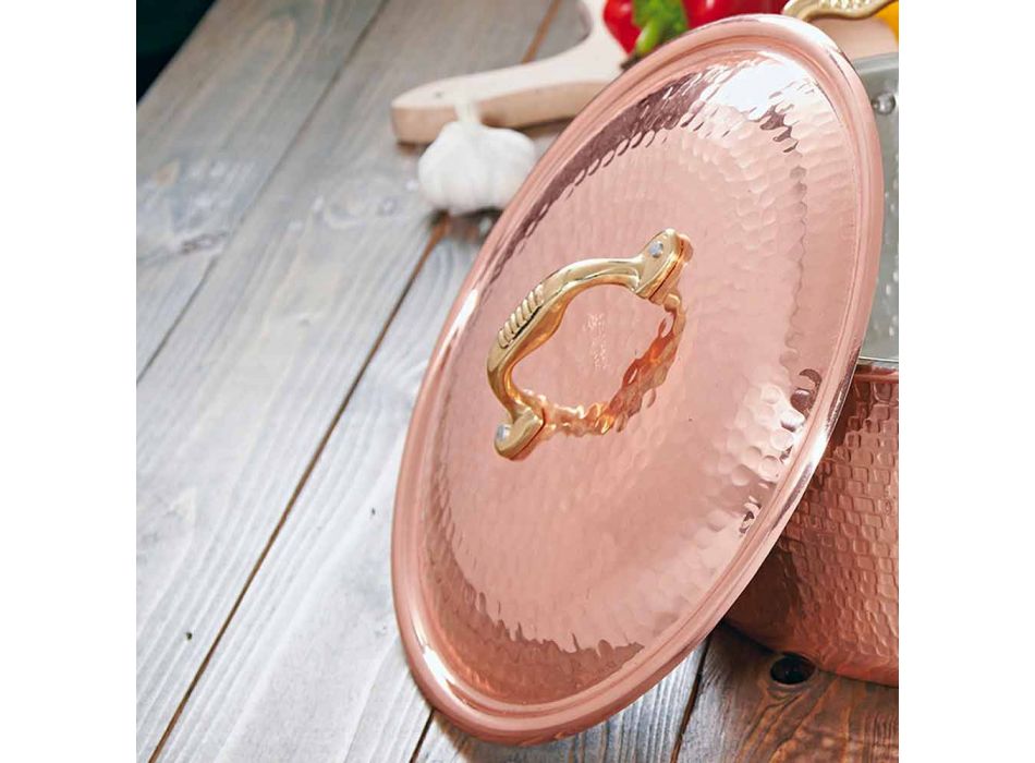 Round Frying Pan in Hand Tinned Copper with Handle and Lid 24 cm - Gianluigi Viadurini
