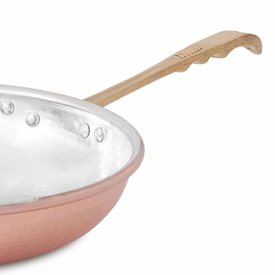 Round Frying Pan in Hand Tinned Copper with Handle and Lid 24 cm - Gianluigi Viadurini