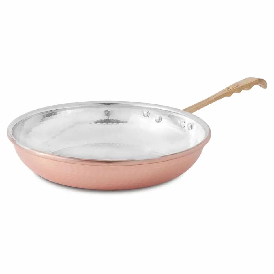 Round Frying Pan in Hand Tinned Copper with Handle and Lid 24 cm - Gianluigi Viadurini