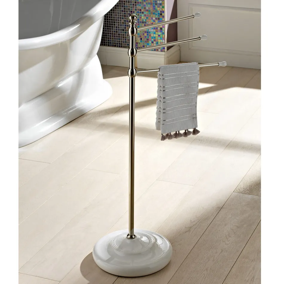 Vintage 3-Arm Towel Holder Stand in Brass and Ceramic - Lyon Viadurini