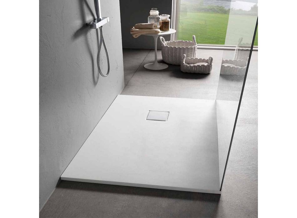 Shower Tray 90x70 in White Velvet Effect Resin with Drain Cover - Estimo Viadurini