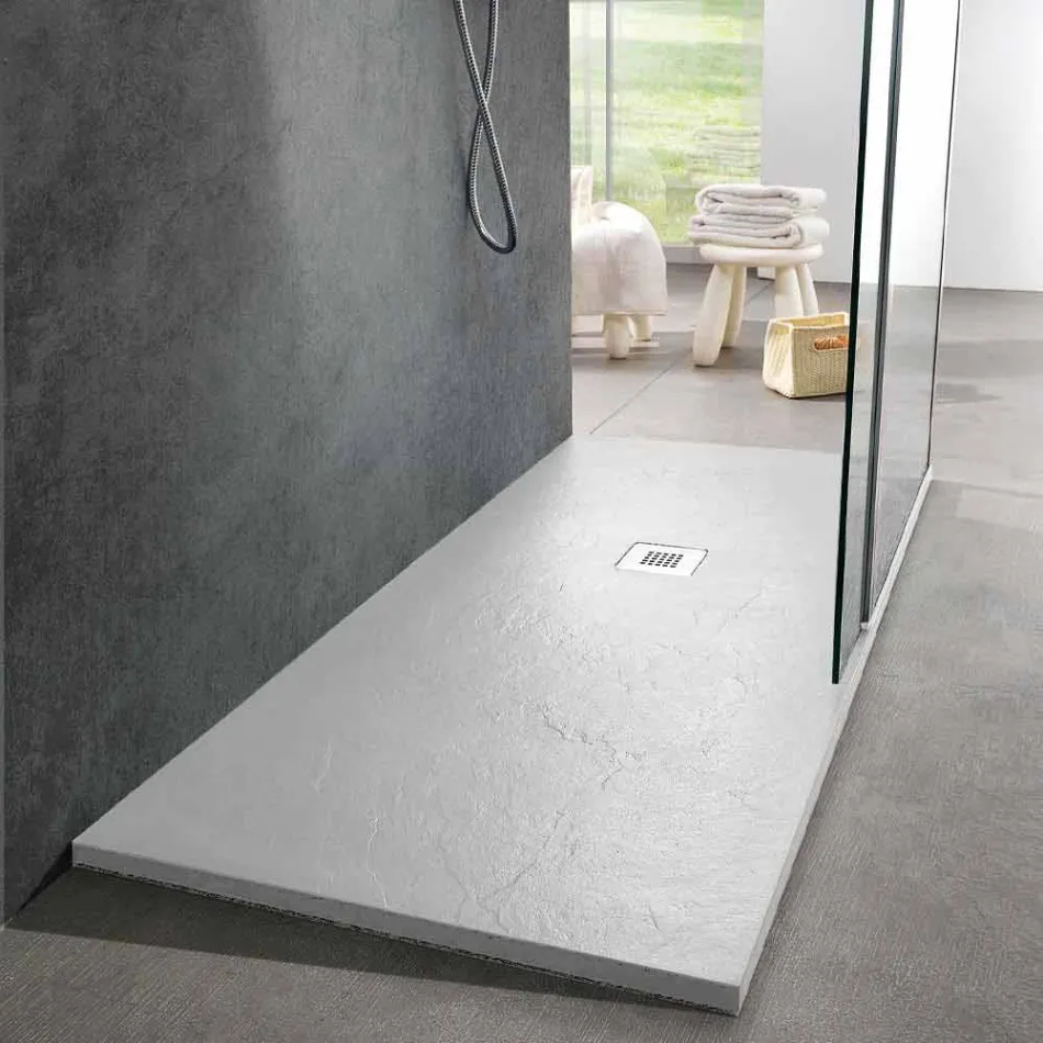 Slate Effect White Resin Shower Tray 170x70 Modern Design - Sommo Viadurini