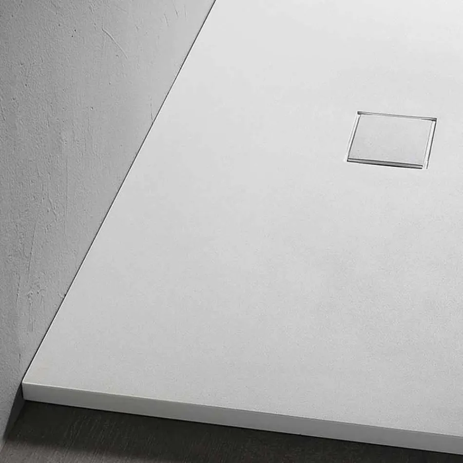 White Velvet Effect Resin Shower Tray 100x70 with Drain Cover - Estimo Viadurini