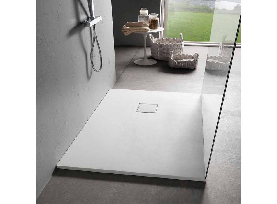 White Velvet Effect Resin Shower Tray 100x70 with Drain Cover - Estimo Viadurini