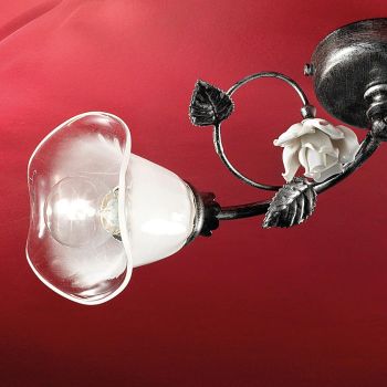 2 Lights Ceiling Lamp in Iron, Glass and Roses with Ceramic Decoration - Siena