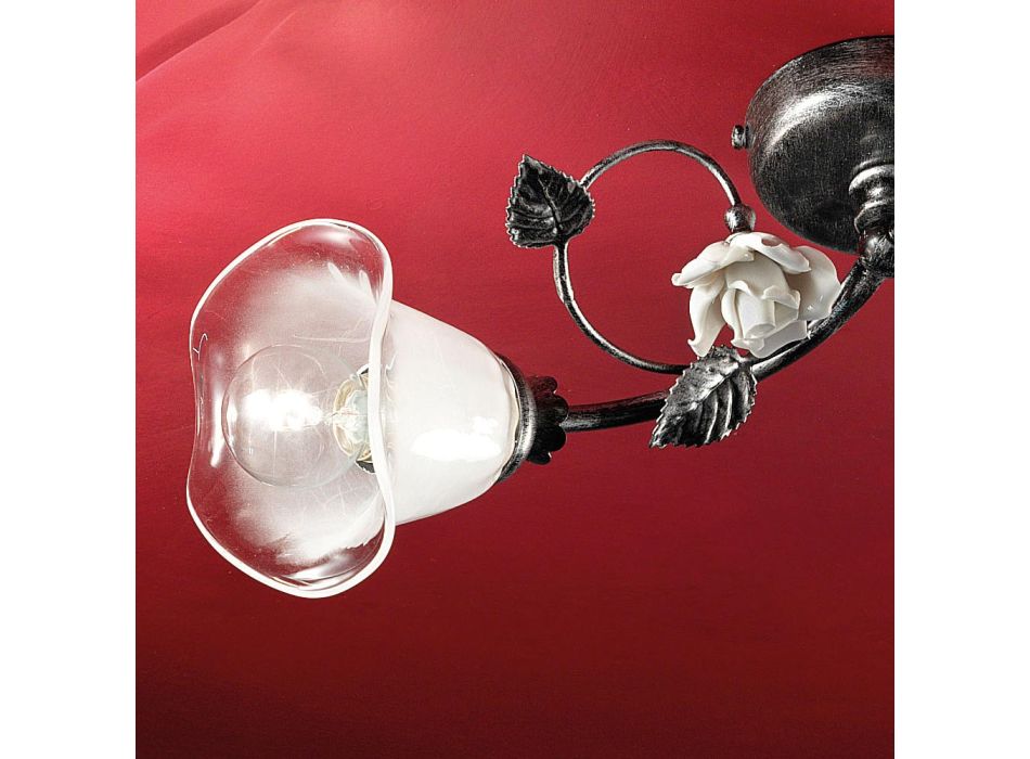 2 Lights Ceiling Lamp in Iron, Glass and Roses with Ceramic Decoration - Siena