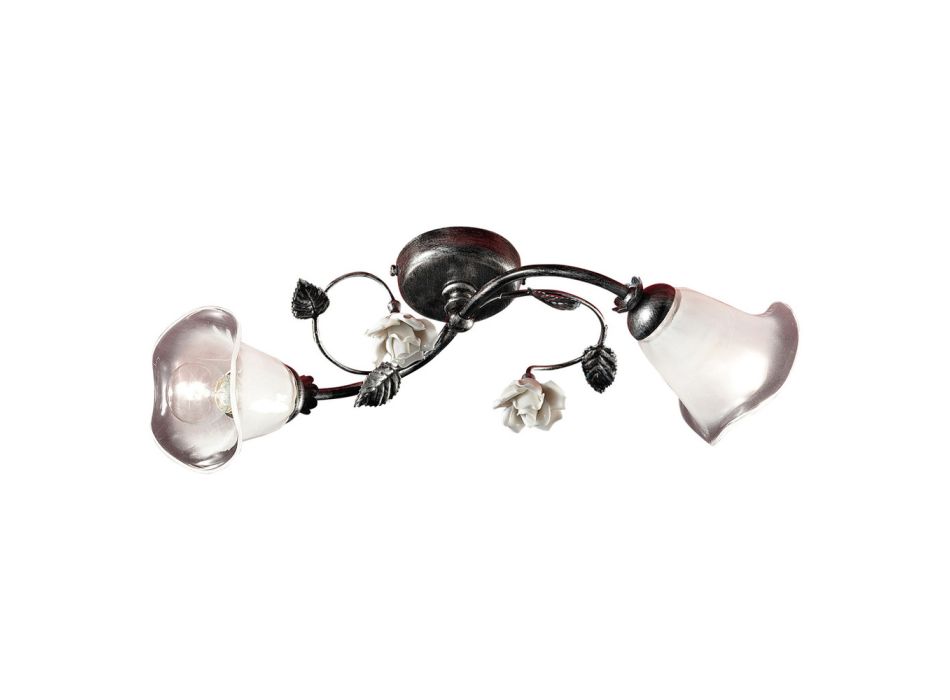2 Lights Ceiling Lamp in Iron, Glass and Roses with Ceramic Decoration - Siena Viadurini