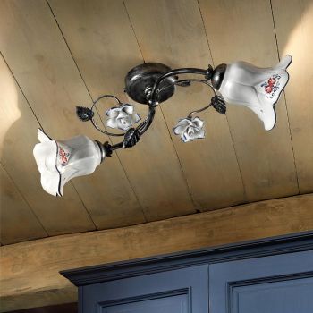 2 Lights Ceiling Lamp in Metal and Ceramic with Hand Painted Roses - Pisa