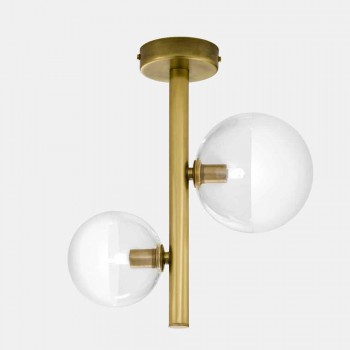 2 Lights Glass and Natural Brass Ceiling Lamp Made in Italy - Molecola by Il Fanale