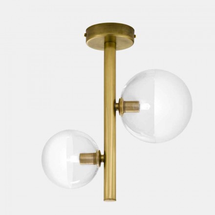 2 Lights Glass and Natural Brass Ceiling Lamp Made in Italy - Molecola by Il Fanale Viadurini