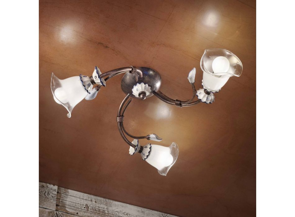3 Lights Artisan Floral Ceiling Lamp in Glass, Iron and Ceramic - Vicenza
