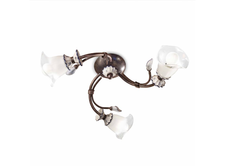 3 Lights Artisan Floral Ceiling Lamp in Glass, Iron and Ceramic - Vicenza Viadurini