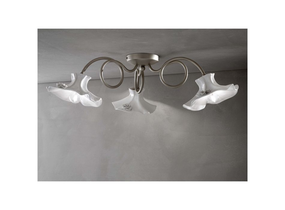 3 or 5 Light Handmade Ceiling Lamp in Glossy Ceramic with Roses - Lecco Viadurini