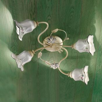 4 Lights Ceiling Lamp in Metal and Ceramic with Hand Painted Roses - Pisa