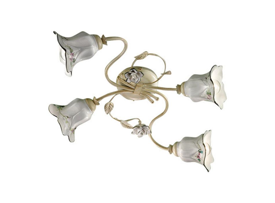 4 Lights Ceiling Lamp in Metal and Ceramic with Hand Painted Roses - Pisa Viadurini