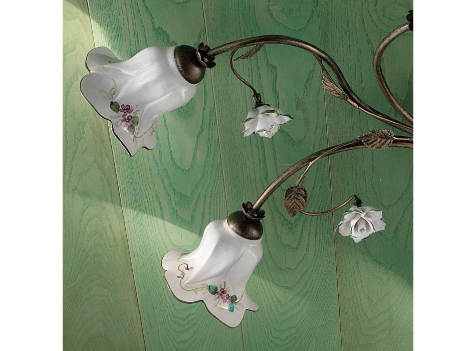 6 Lights Ceiling Lamp in Artisan Ceramic with Decorated Roses - Pisa Viadurini