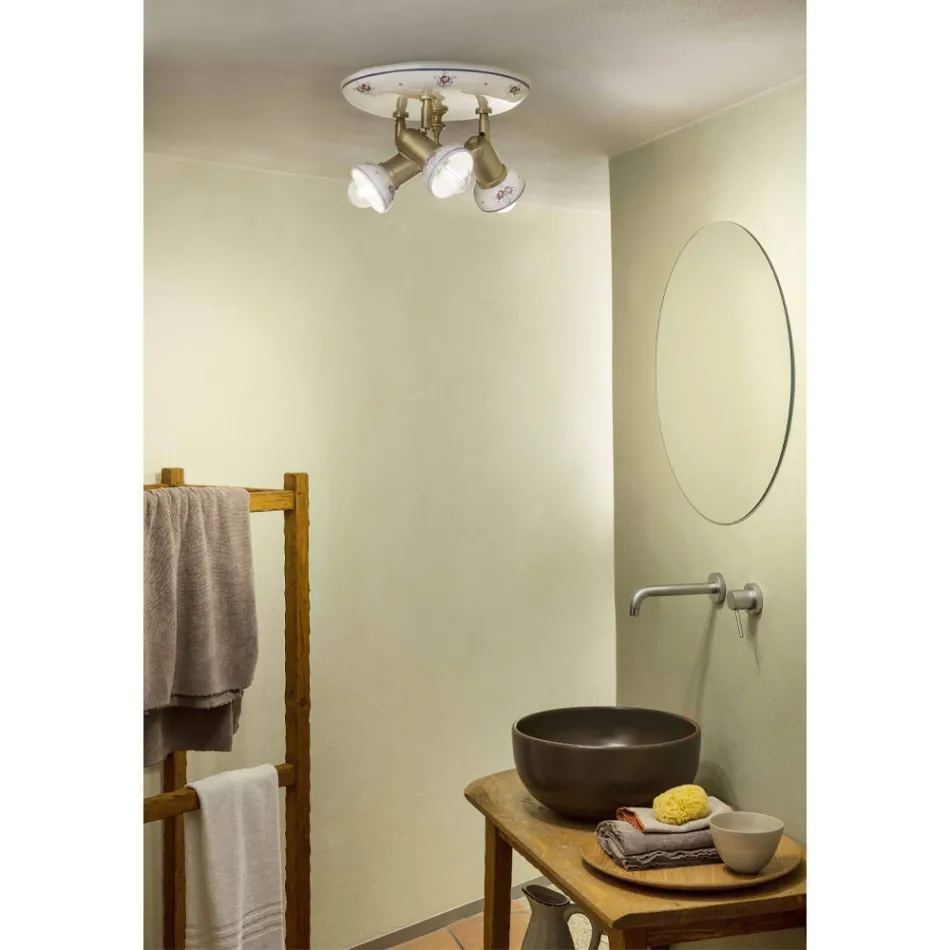 Round Ceiling Lamp 3 Spotlights in Brass and Hand Painted Ceramic - Savona Viadurini