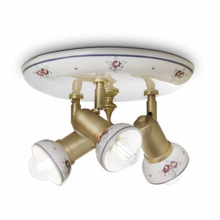 Round Ceiling Lamp 3 Spotlights in Brass and Hand Painted Ceramic - Savona Viadurini