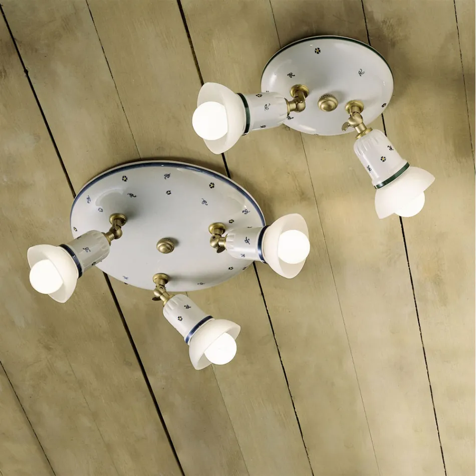 Round Ceiling Lamp 2 or 3 Spotlights Brass and Hand Painted Ceramic - Savona Viadurini