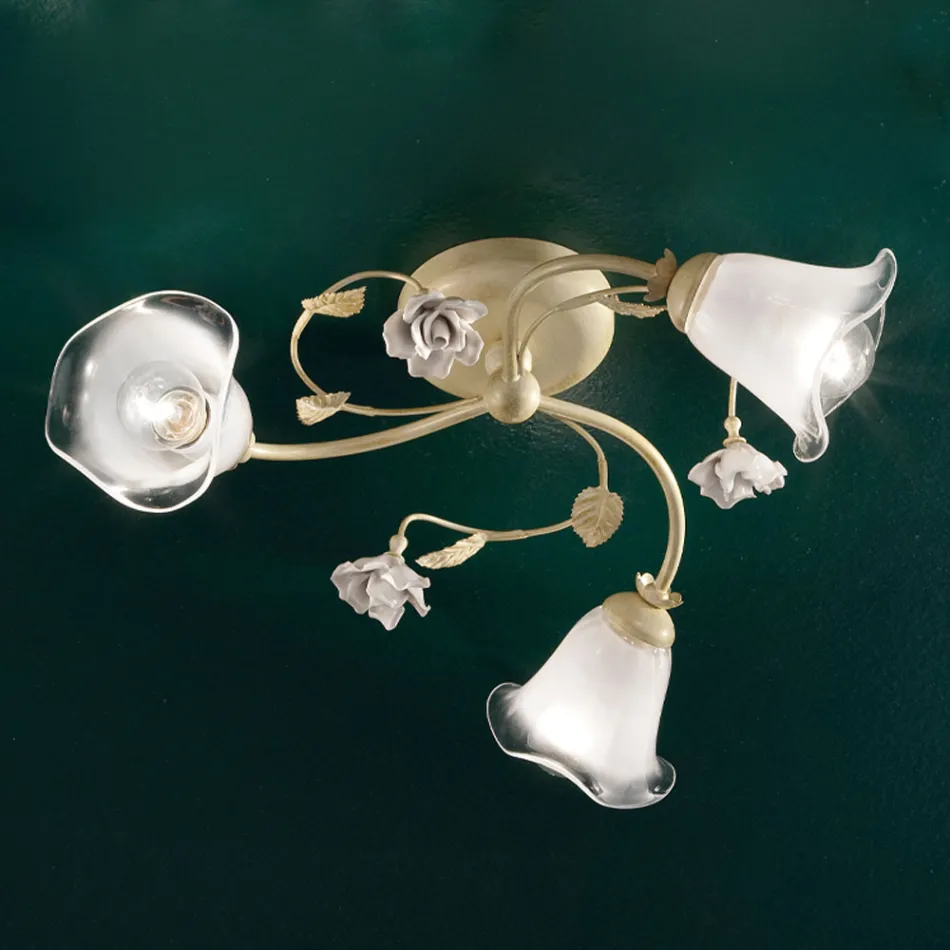 Vintage ceiling lamp 3 or 4 lights in iron, glass and ceramic roses - Siena Viadurini