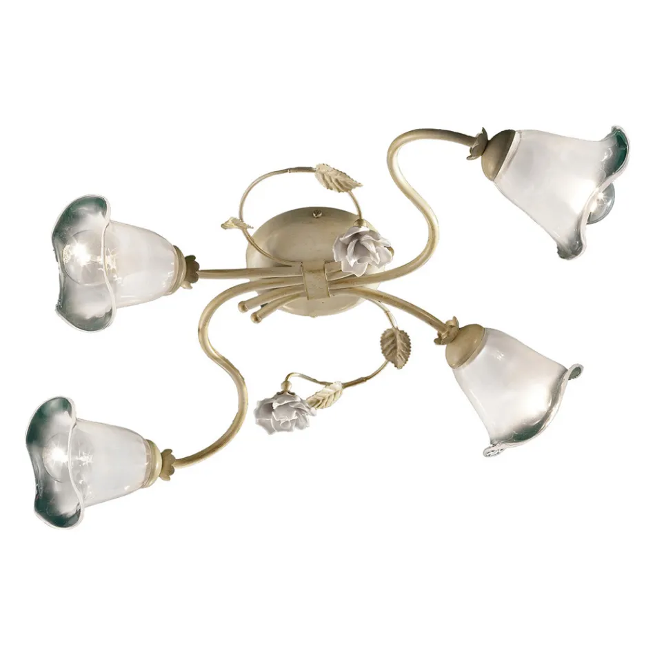 Vintage ceiling lamp 3 or 4 lights in iron, glass and ceramic roses - Siena Viadurini